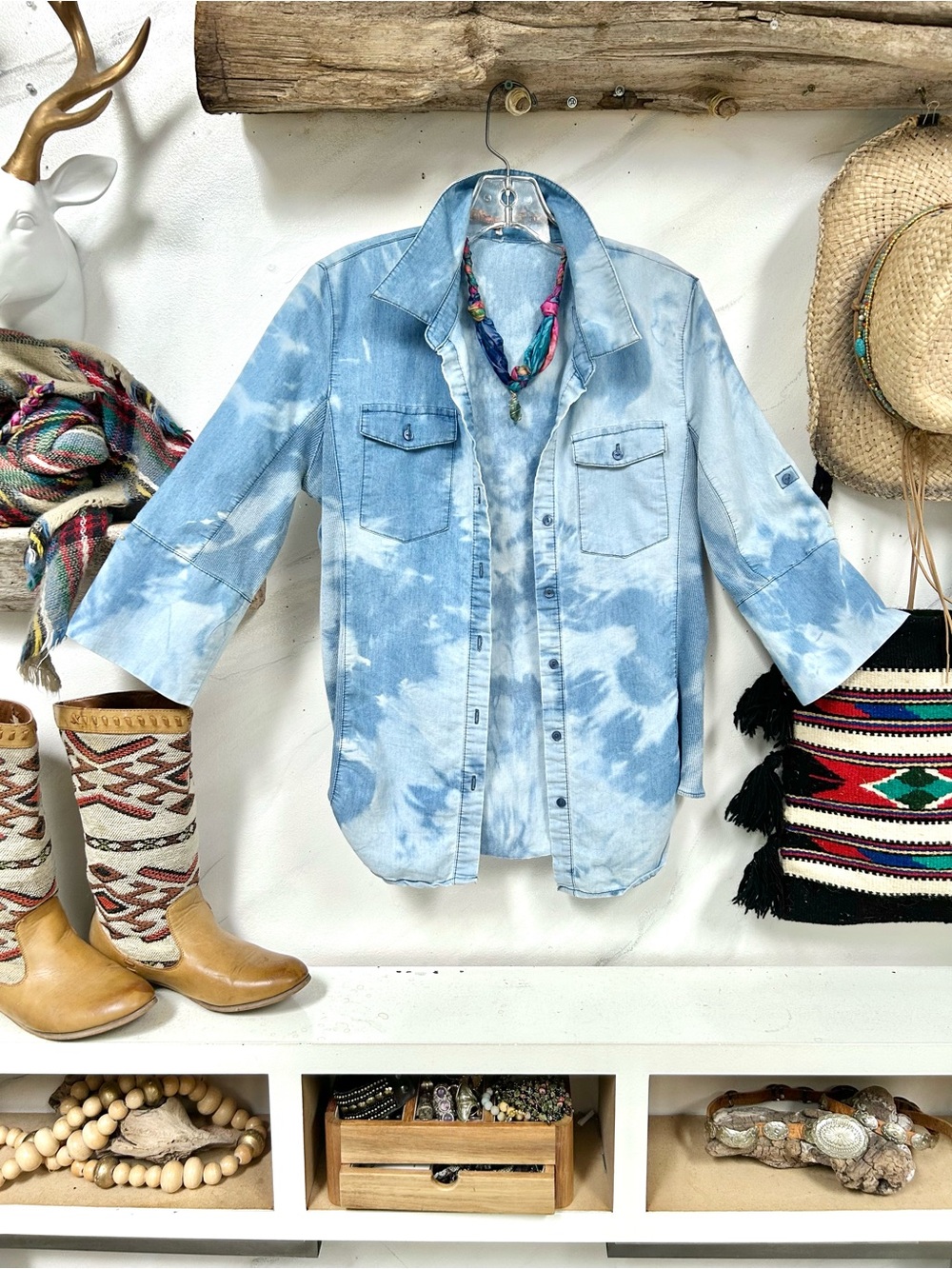 Artisan TIE DYE chambray safari Shirt/cover up w denim hippy cottagecore vibe